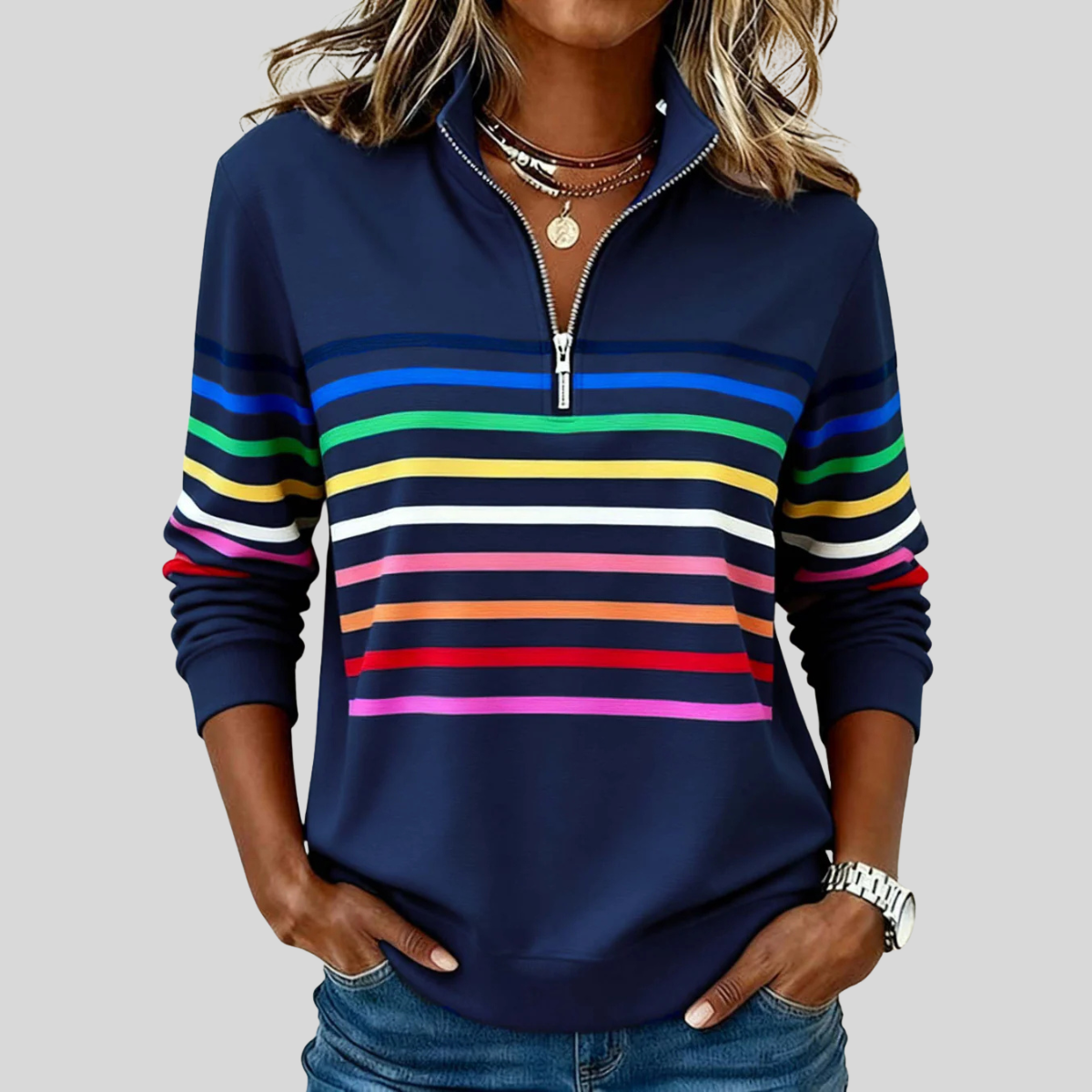 Velcora™ | Sudadera de rayas coloridas con cremallera de cuarto