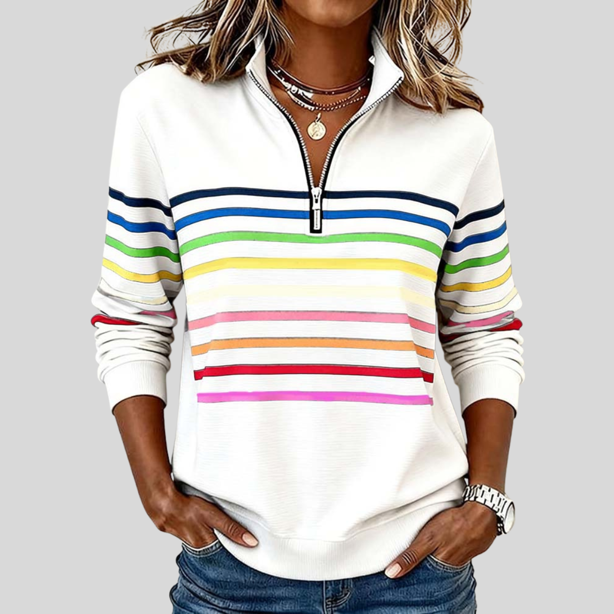 Velcora™ | Sudadera de rayas coloridas con cremallera de cuarto