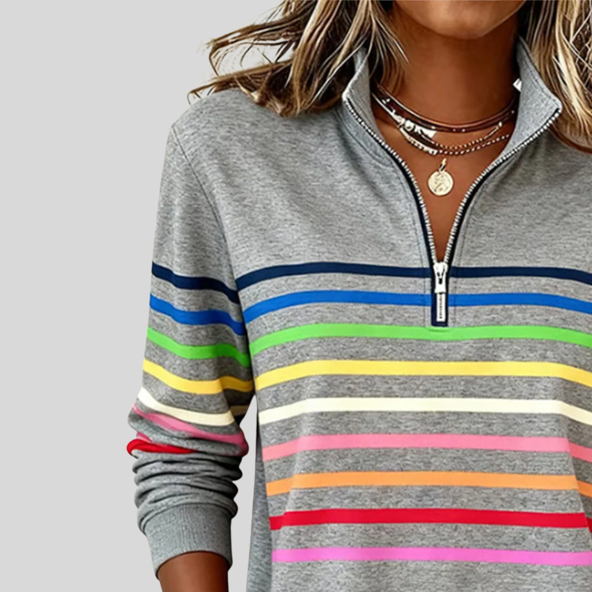 Velcora™ | Sudadera de rayas coloridas con cremallera de cuarto