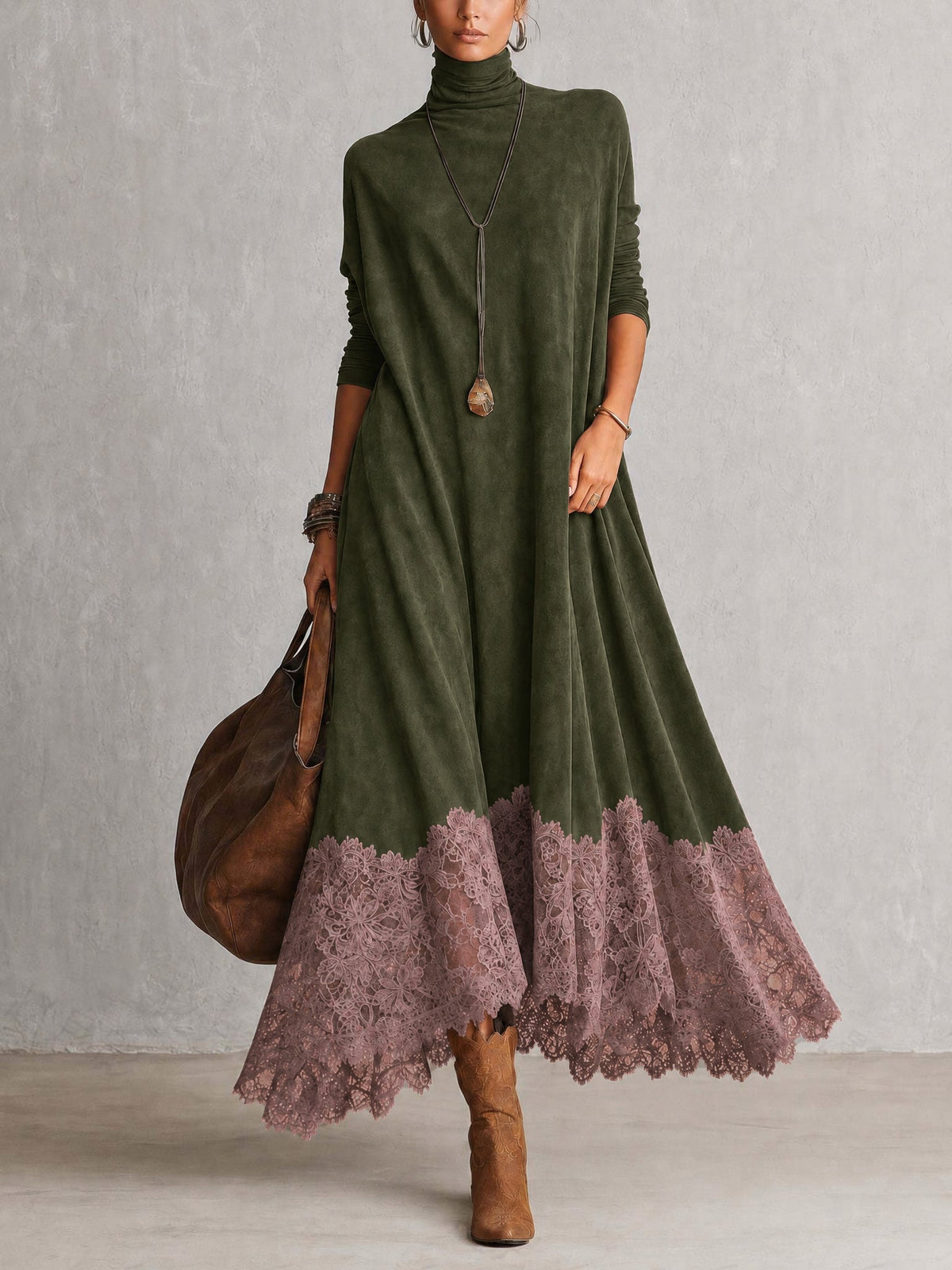 BRUNELLA abito lungo effetto scamosciato verde