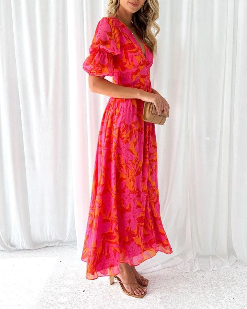 Vestido largo mujer floral escote V – vestido fluido elegante verano