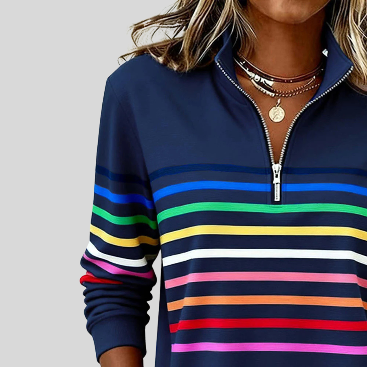 Velcora™ | Sudadera de rayas coloridas con cremallera de cuarto