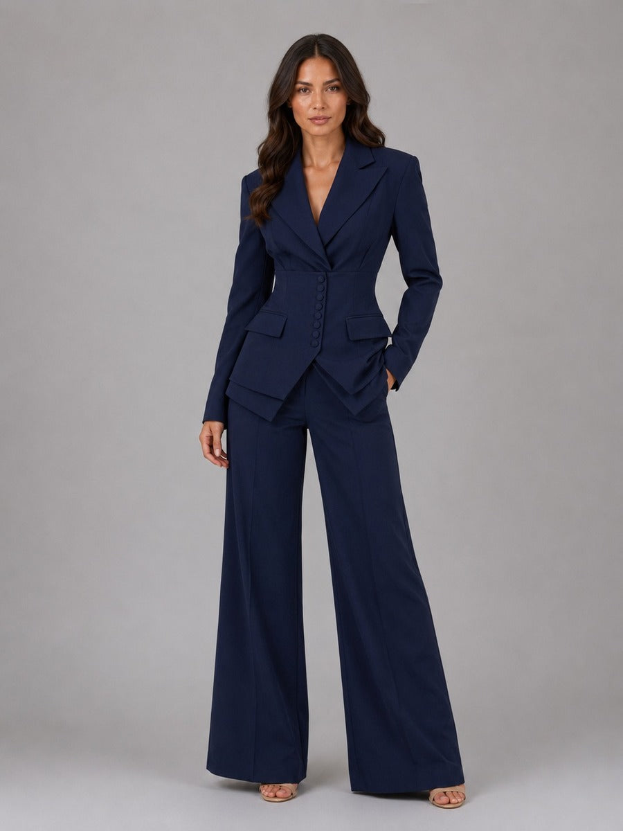 Anselma, completo due pezzi con blazer a vita segnata e pantaloni a palazzo, blu navy